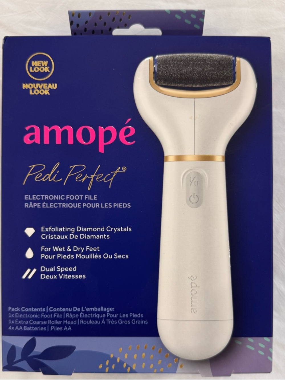AMO Pedi Perfect Electronic Foot File in White and Gold Accents